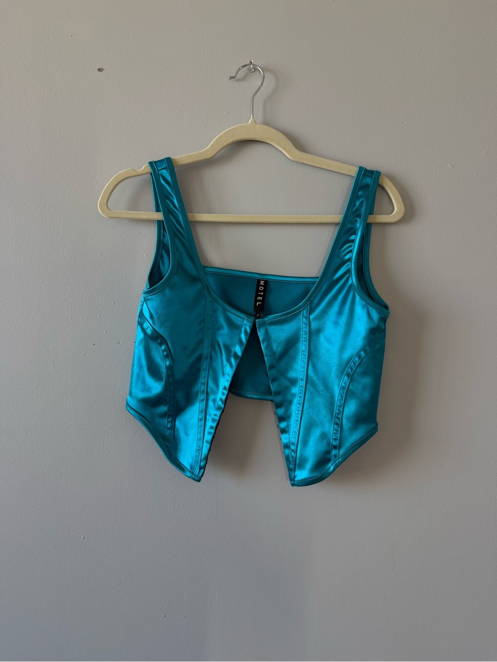 MOTEL ROCKS Shiny Teal Satin Cropped Corset Tank